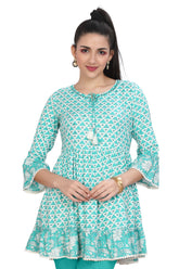 Sea Green Geometrical Print Cotton Frock Style Kurti for Women